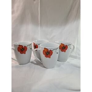 Set of 4 Porcelain Corsica Home Poppy Coffee Tea Mugs. New, Original Box